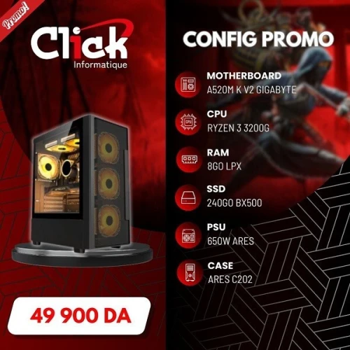 CONFIG / R3 3200G /RAM 8GO LPX /240GO SSD BX500/A520M K GIGABYTE V2/650W ARES/ARES C202