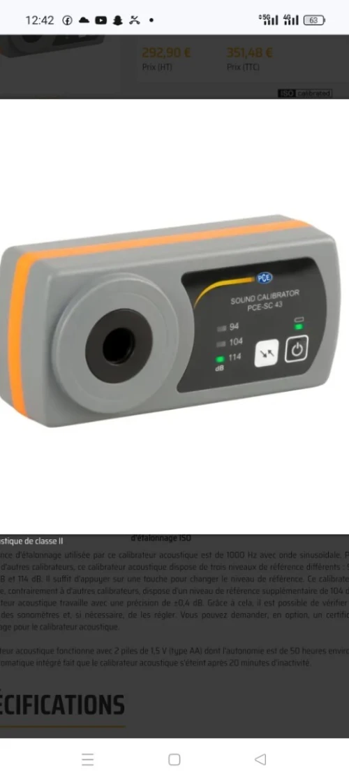 Calibrateur de sonomètre avec certificat d'étalonnage valide