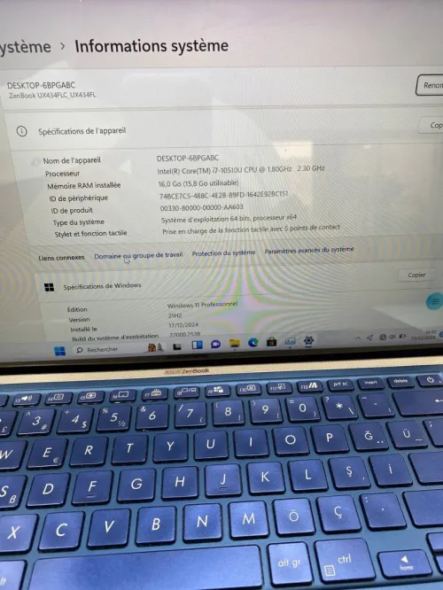 ASUS ZENBOOK 13.3'' I7-10TH 16RAM 512 SSD NVIDIA MX 250 02GB DÉDIÉE BATTERIE +3HEURES