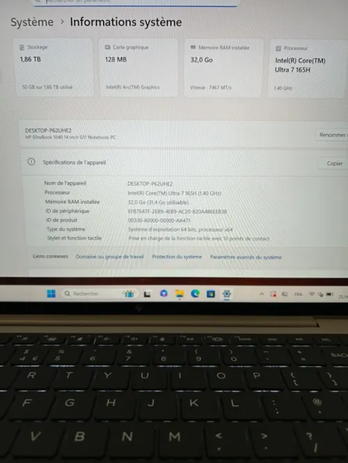 HP ELITEBOOK 1040 G11 Ultra 7 165H 32RAM 2 TB SSD 14'' FHD+ INTEL ARC  GRAPHICS BATTERIE 98% CYCLE 34 EXCELLENT ETAT 20/20 GARANTIE 06 MOIS  A2-4