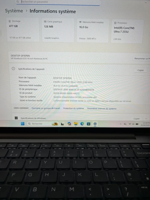 HP ELITEBOOK 8 G1i 14 Ultra 7 255U  14'' 16RAM 512SSD INTEL R GRAPHICS BATTERIE 98% CYCLE 46 ETAT NEUF  GARANTIE 06 MOIS A2-4