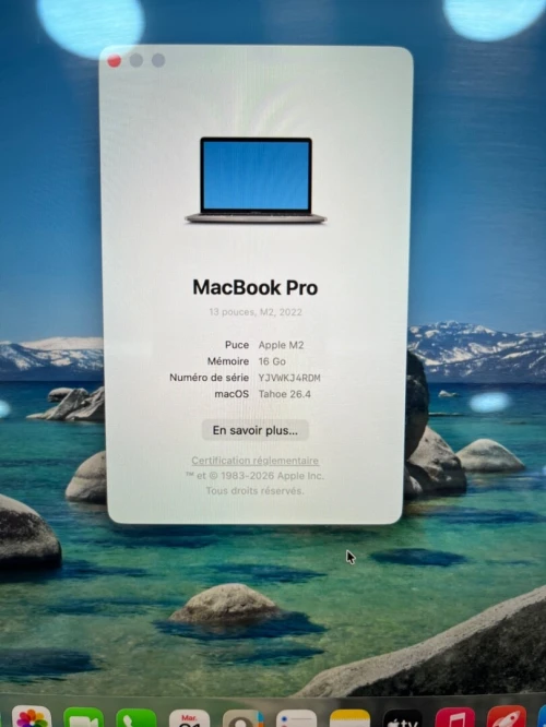 MACBOOK PRO  2022 M2 13.3'' 16RAM 256 SSD BATTERIE 88% CYCLE  124 TRES  BON ETAT PRODUIT MDM  GARANTIE 06 MOIS