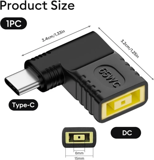Adaptateur USB C vers Slim Tip, 90 Degrés Convertisseur 65W Type C Mâle pour chargeur d'ordinateur portable Lenovo vers USB C