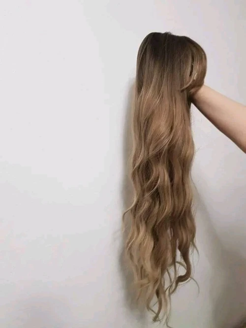 Perruque Longue et Ondulée avec Frange, Marron Clair Ombré