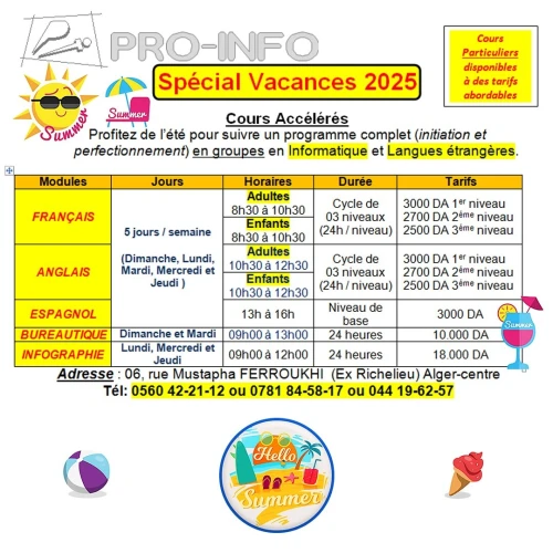 Spécial vacances. Cours d'Anglais et Français pour les Adultes