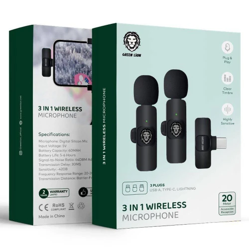 Microphone cravate greenlion , deux microphone, 1 adaptateur TYPE C/  1 adaptateur Iphone (lightning),