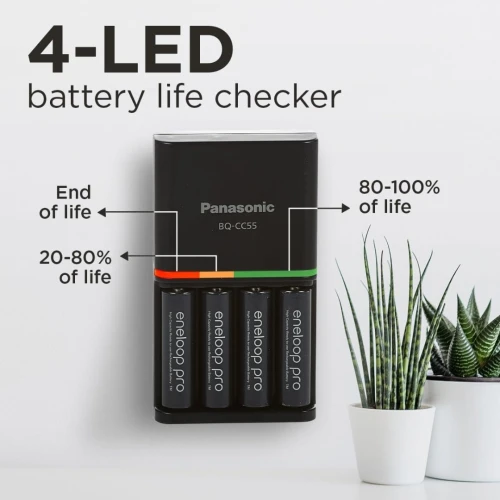 Pile rechargeable panasonic  +  Chargeur Pro SmartPlus, pour 1 à 4 piles rechargeables AA/AAA, 2 heures de temps de charge, 10 fonctions de sécurité, 4 piles Eneloop Pro AA incluses (2500 mAh),
