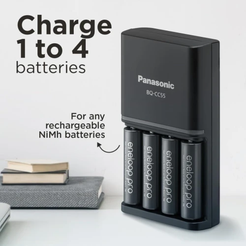 Pile rechargeable panasonic  +  Chargeur Pro SmartPlus, pour 1 à 4 piles rechargeables AA/AAA, 2 heures de temps de charge, 10 fonctions de sécurité, 4 piles Eneloop Pro AA incluses (2500 mAh),