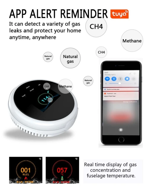 جهاز إنذار الغاز والميثان الذكي مع شاشة TFT وتنبيه عبر الجوال WiFi Combustible Gas & LPG Sensor with