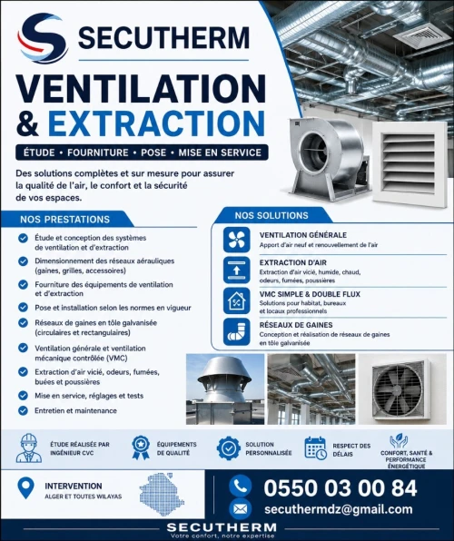 Fourniture et pose système de Ventilation  Extraction