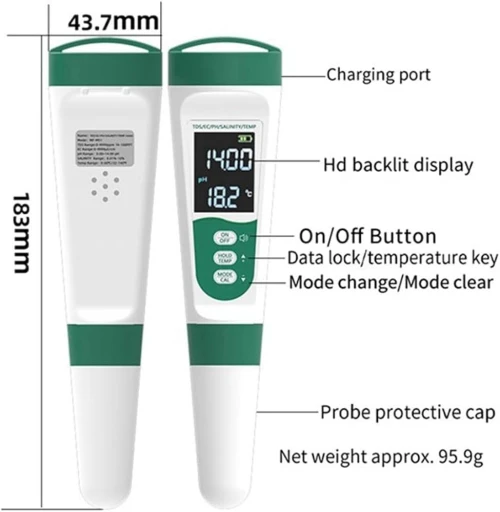 PH-Mètre de précision TDS/TEMP/Ph/EC/SALT 0.0 à 14.0pH