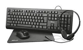 Trust Primo Kit Télétravail 4-en-1 Clavier Français AZERTY, Souris sans Fil, Casque avec Micro, Tapis, Pack de Visioconférence, Ensemble pour Bureau