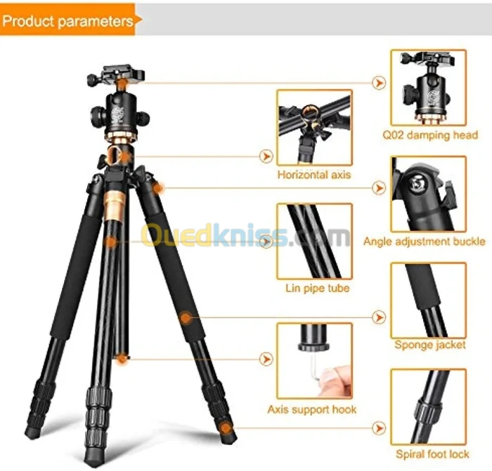 QZSD Q999H Trépied professionnel pour appareil photo avec rotule et système horizontal