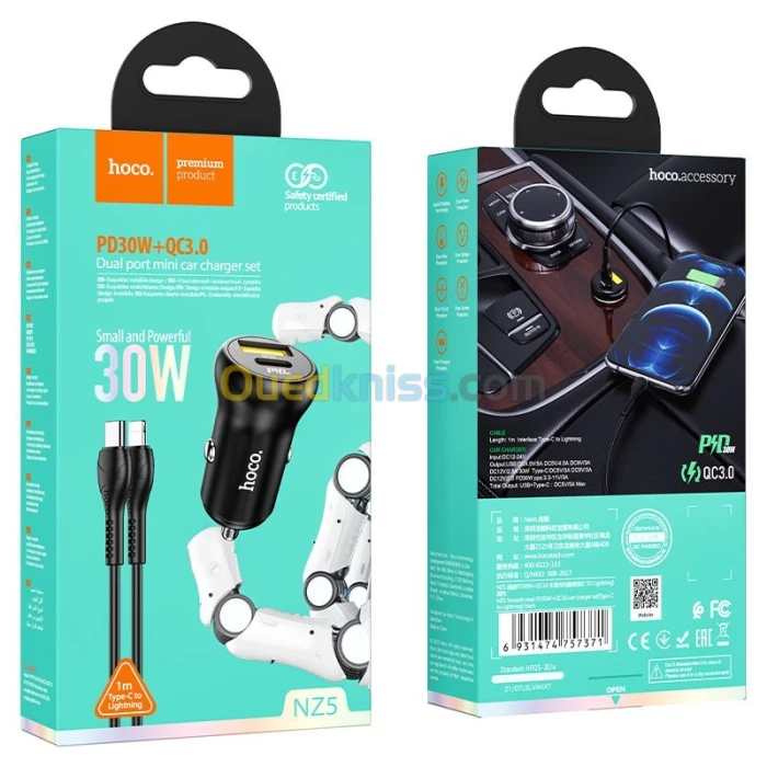 CHARGEUR AUTO HOCO NZ5 FAST CHARGE 30W TYPE C/LIGHTNING