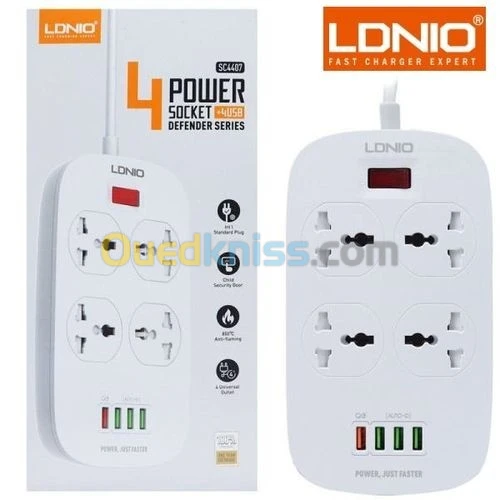MULTIPRISE MOBILLAND LDNIO 02 METRE CABLE ALIMENTATION 04 PRISE UNIVERSELLES 03 USB+QC 3.0  SC 4407