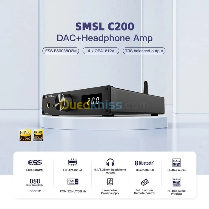 SMSL C200 SMSL DAC USB & Amplificateur Casque + MOS ES9038Q2M 4xOPA1612 + DSD512 32bit/768kHz