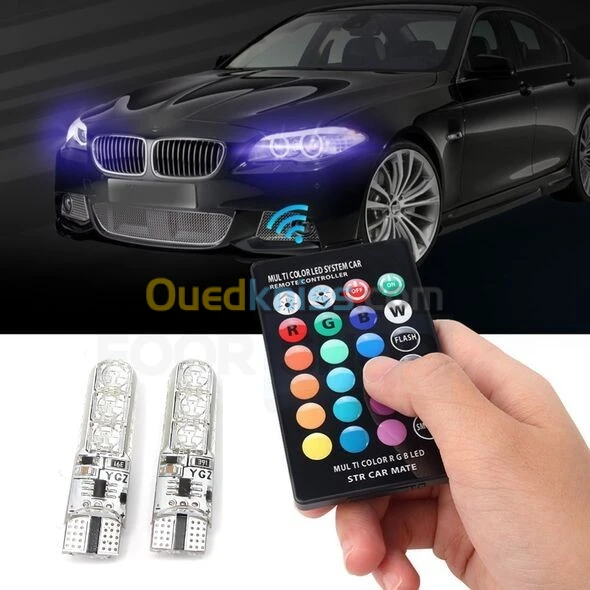 طقم مصباحين LED للسيارة بـ 16 لون مع جهاز تحكم وإضاءة فائقة السطوع