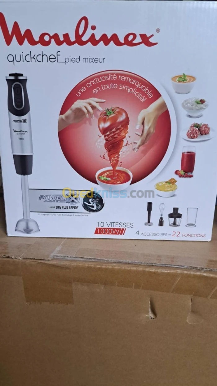 KIT MIXEUR MOULINEX QUICKCHEF INOX 1000WATT 10 VITESSE 4 ACCESSOIRE 22 FONCTIONS