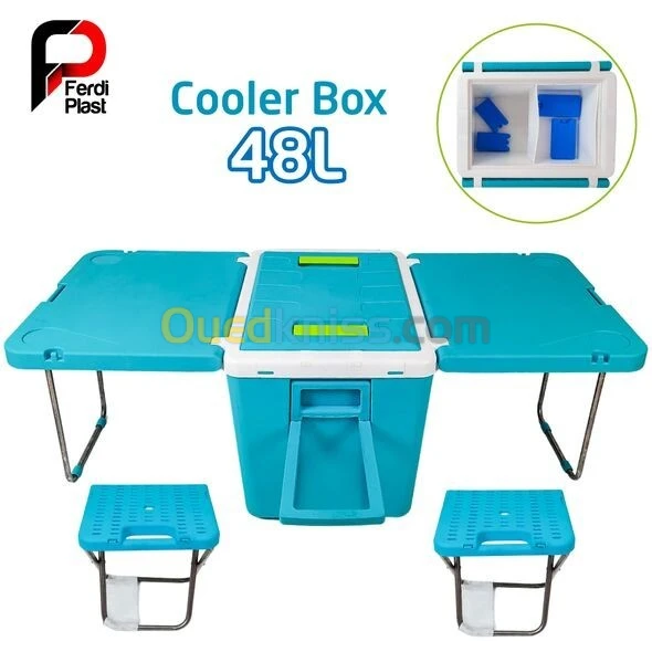 Ferdi Glacière Portative 48L Avec Table, 2 Chaise Ideal Pour Camping