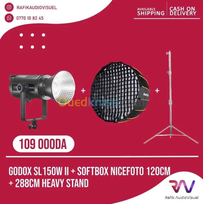 Kit Godox SL150WII + softbox parabolic Nicefoto 120cm + pieds de lumière 288cm chromé