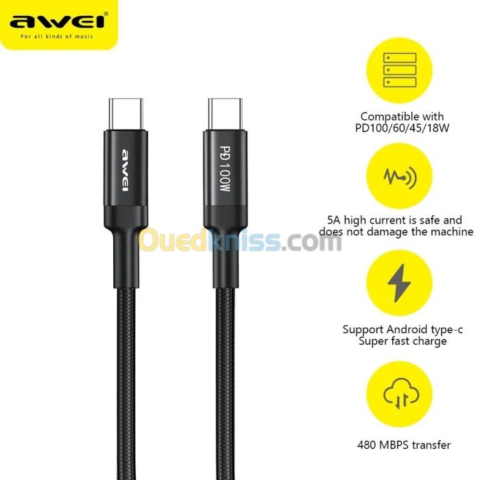Awei CL-117Tcable PD 100W Type C To Type C Quick Charge 5A NOIR