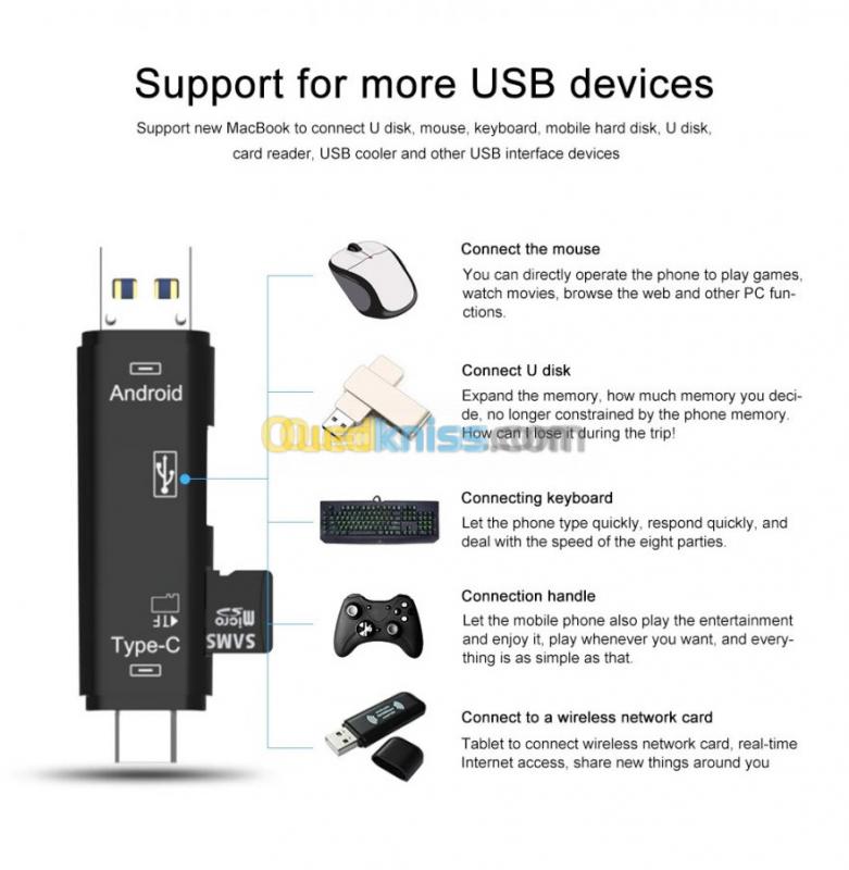 Lecteur Micro-SD OTG 5 en 1 USB 2.0 Type C Micro USB