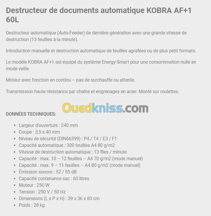 DESTRUCTEUR DE DOCUMENTS KOBRA AF+1 60 