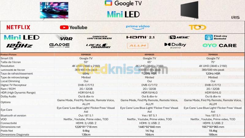 TELEVISEUR IRIS 55 M8020 MINILED ANDROID 14 GOOGLE TV 55POUCES UHD 4K MATTE 2