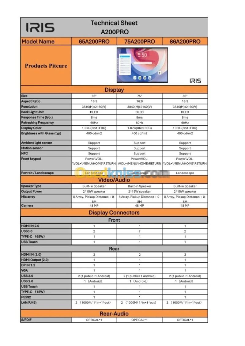 ECRAN TACTILE INTERACTIF IRIS A200 PRO 65 POUCES 5