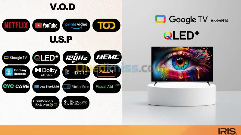 TELEVISEUR IRIS 60 Q7020 QLED ANDROID 14 GOOGLE TV 60POUCES UHD 4K 120Hz 2