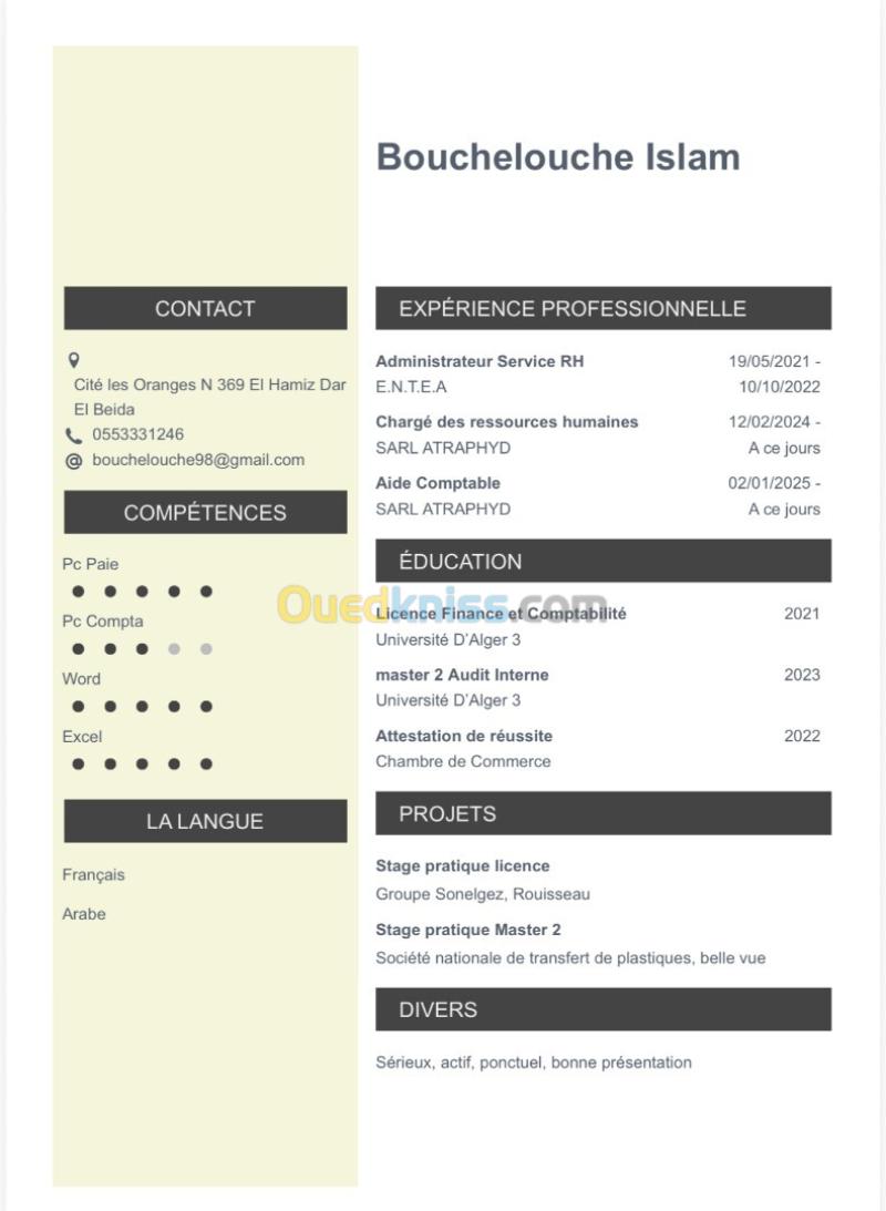 Chargé des ressources humaines - Comptable - Aide comptable - Financier.