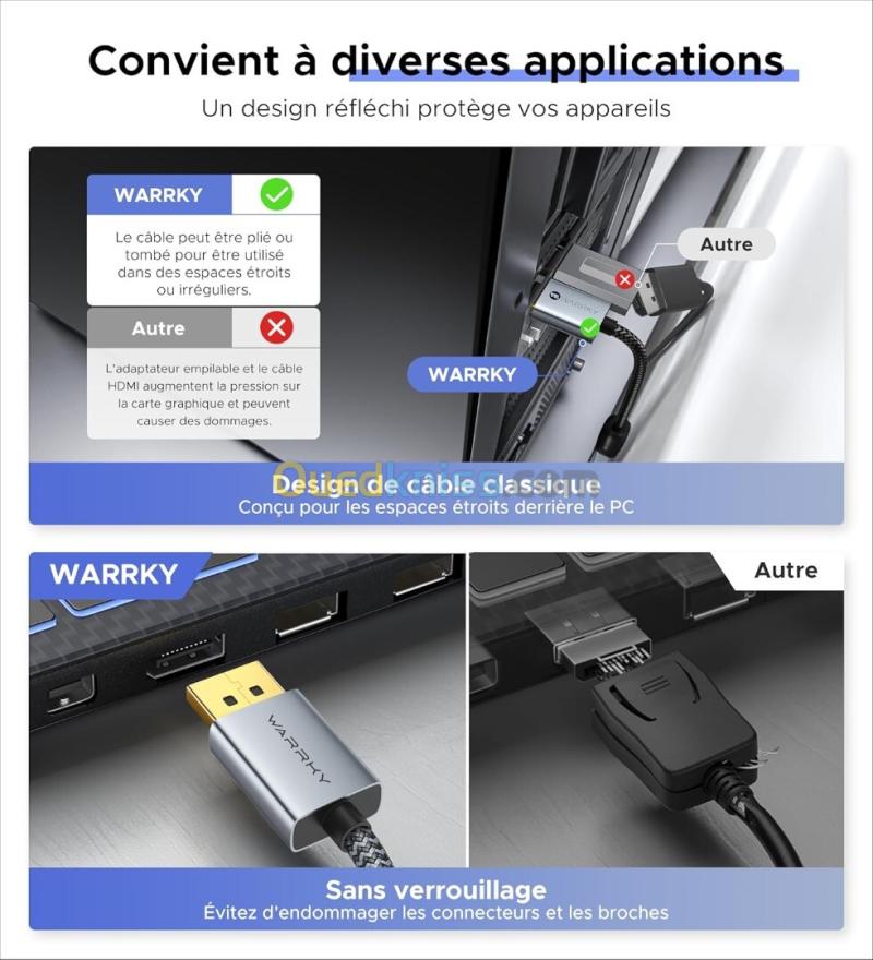 Adaptateur DisplayPort vers HDMI WARRKY 4K 1440P@60Hz, 1080P@120Hz 3