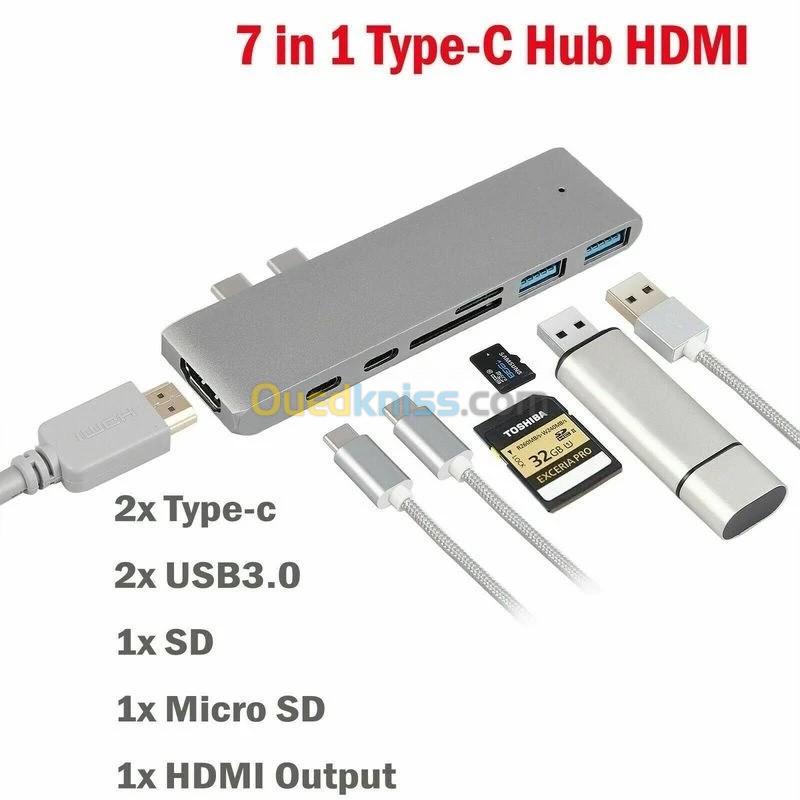  Station d'accueil HUB 7 en 1 TYPE-C vers to 2 * Type-c + TF + Carte SD + HDMI 4K+ 2*USB 3.0
