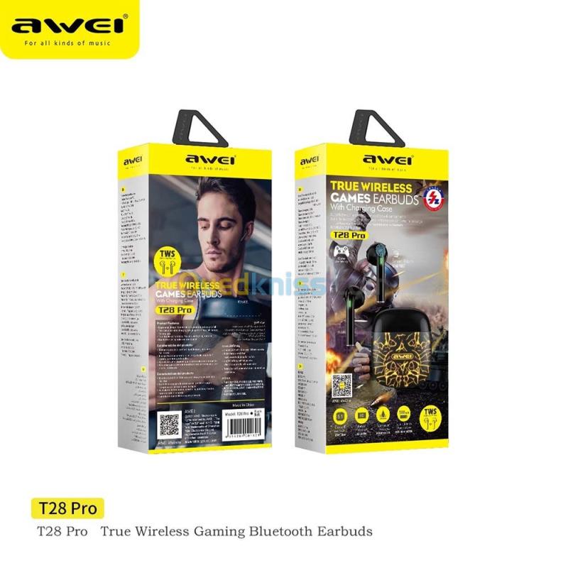 Ecouteur Earbuds sans-fil bluetooth 5.1 AWEI TWS T28 Pro Étanche IPX6 Gaming 6