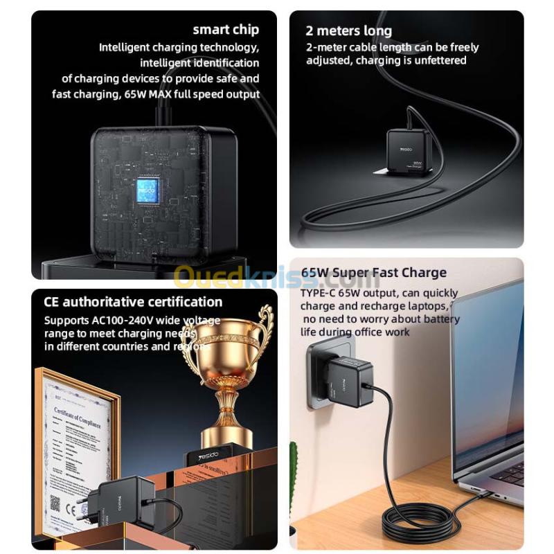 YESIDO YC75 Chargeur USB-C Type-c PD 65W pour Laptop et Smartphone - 2m 4