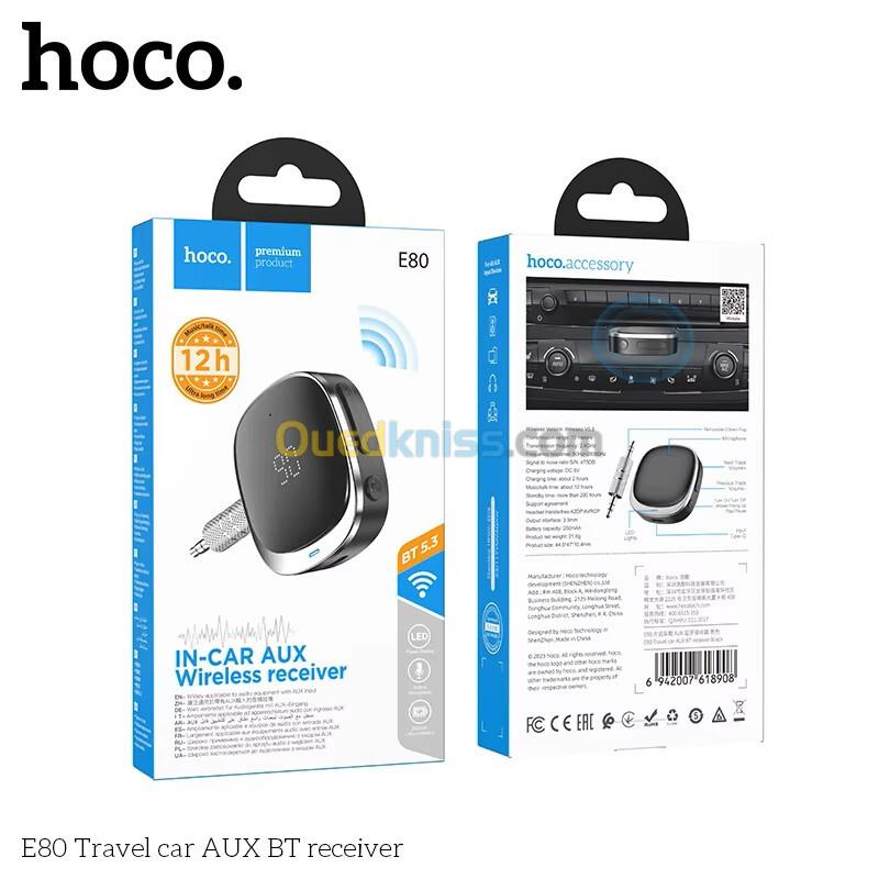 HOCO E80 Récepteur Bluetooth 5.3 AUX Voiture Jack 3.5mm Appels Mains Libres