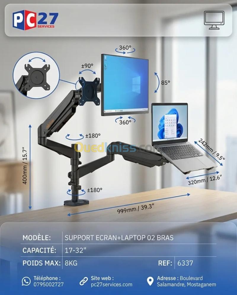 SUPPORT ECRAN+LAPTOP 02 BRAS:17"-32",8KG Ref : 6337 5