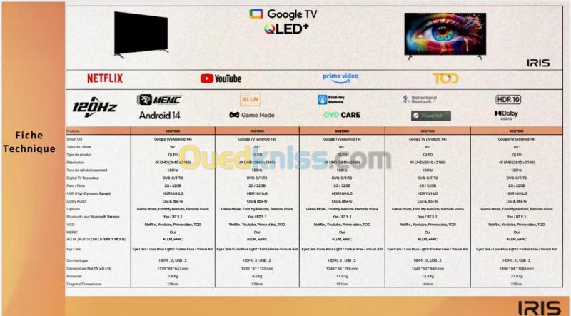 TV IRIS 65" QLED+ Q7020 120 HZ SMART GOOGLE TV 4K UHD ANDROID 14 65 POUCES 6