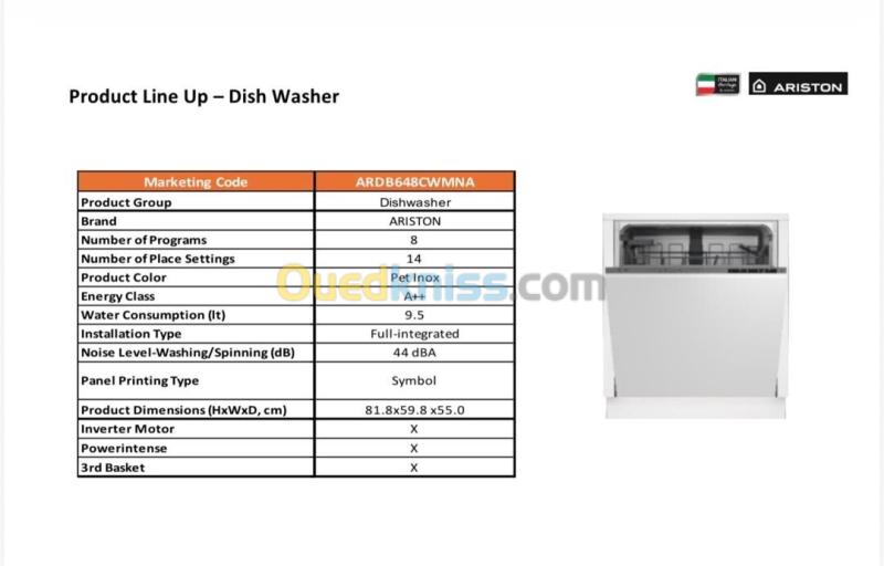 LAVE VAISSELLE ARISTON ENCASTRABLE 14 COUVERTS 8 PROGRAMMES A++ 2