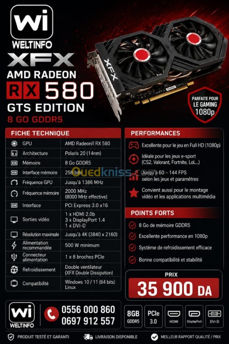 CARTE GRAPHIQUE XFX AMD RADEON RX 580 GTS EDITION 8 GO