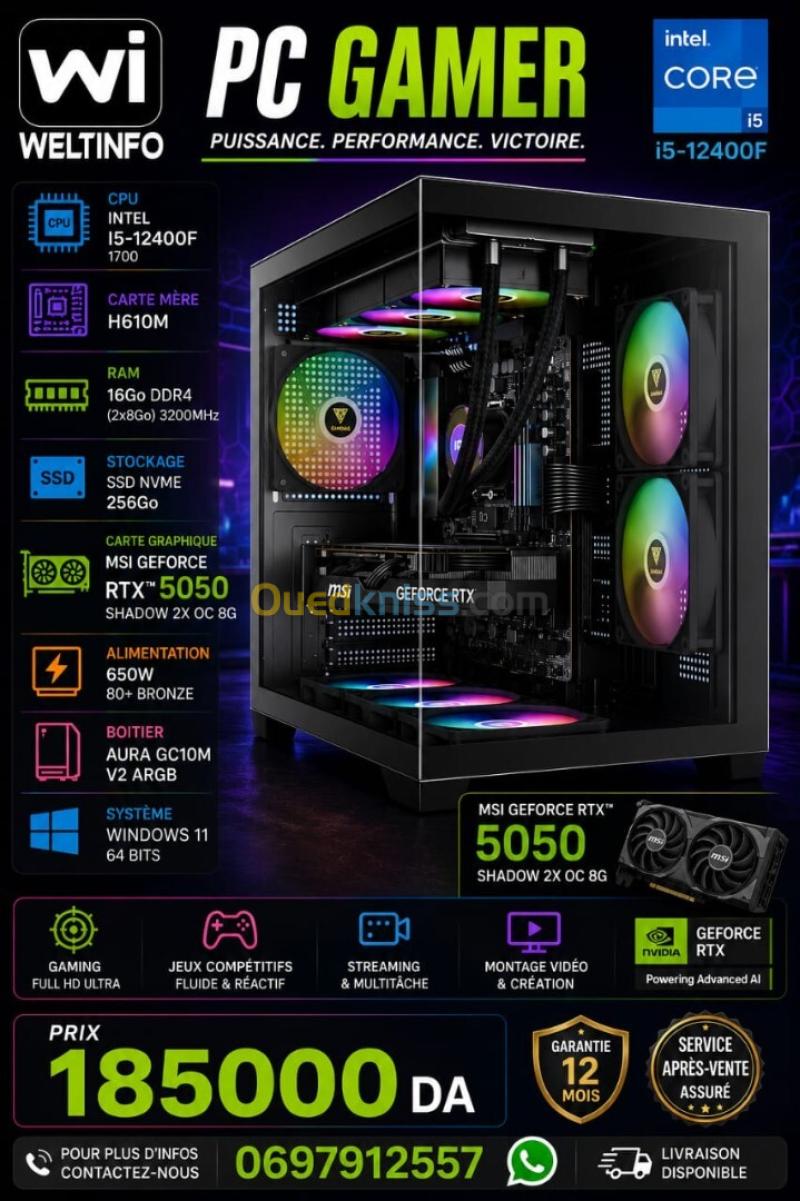 PC GAMER / I5 12400F -RAM 16GO DDR4 - SSD 256 GO - MSI RTX 5050 OC 8GO