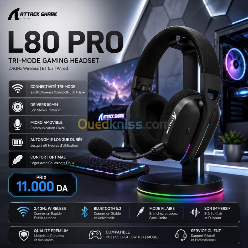 CASQUE SANS FIL TRI-MODE ATTACK SHARK L80 PRO 2