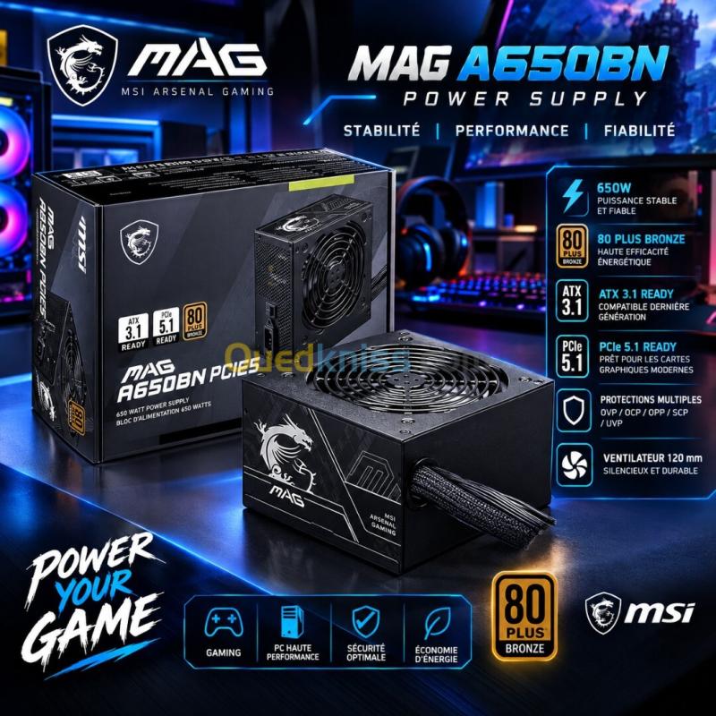 ALIMENTATION MSI MAG A650BN PCIE5 II 80PLUS BRONZE ATX3.1 650W