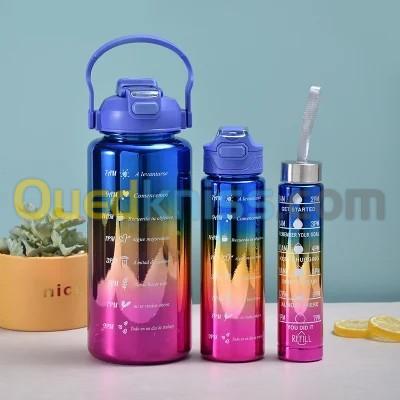  مجموعة من 3 زجاجات مياه رياضية متدرجة الألوان (2 لتر، 900 مل، 300 مل) للأنشطة الخارجية، سعة كبيرة