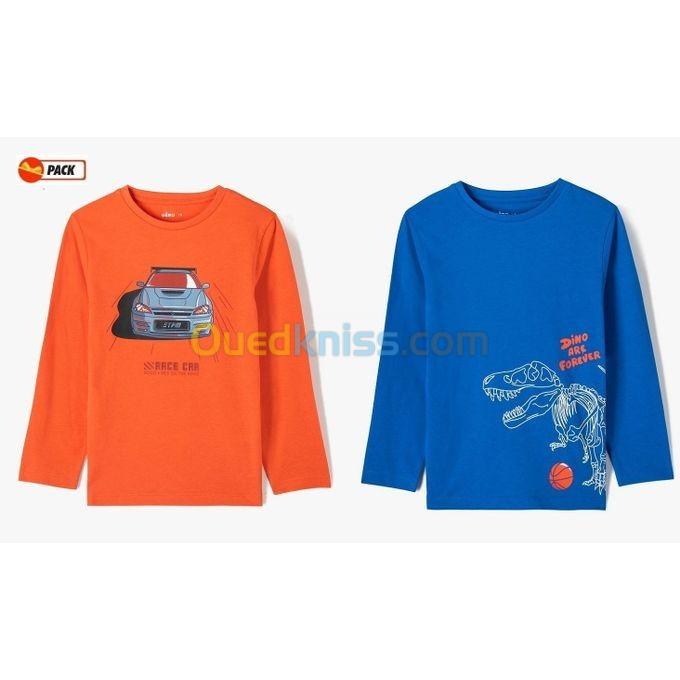  Gemo Lot de 02 Tee-shirt Garçon à Manches Longues avec Motif - Bleu et Orange