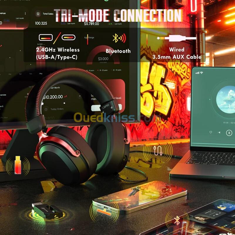 ATTACK SHARK L30 PRO - CASQUE GAMING SANS FIL - TRI-MODE - SON SURROUND 7.1- BLUETOOTH - 2.4 GHz - FILAIRE - LATENCE 20 MS - BLACK 3