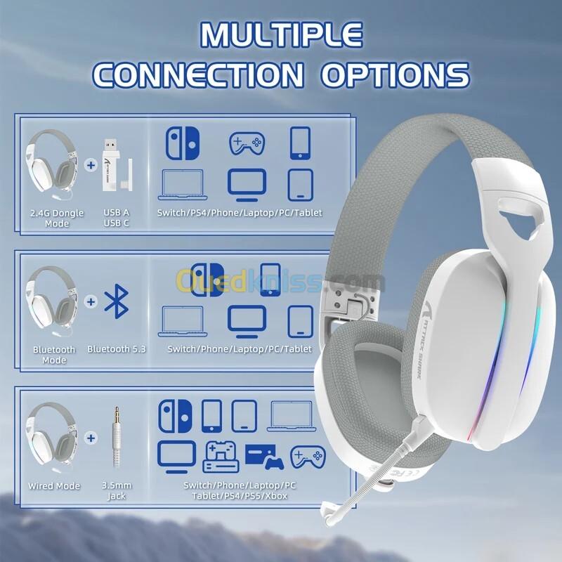 ATTACK SHARK L90 - CASQUE GAMING SANS FIL RGB PLIABLE - TRI-MODE - BLUETOOTH 5.3 & 2.4 GHZ & FILAIRE - SON VIRTUEL 7.1 - PC/PS4/PS5/SWITCH/XBOX - WHITE 6