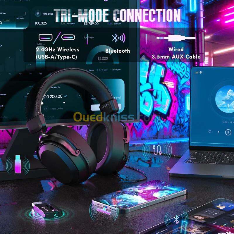 ATTACK SHARK L30 PRO - CASQUE GAMING SANS FIL - TRI-MODE - SON SURROUND 7.1- BLUETOOTH - 2.4 GHz - FILAIRE - LATENCE 20 MS - BLACK 2