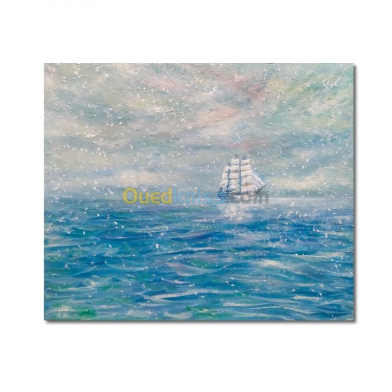  Peinture à l'huile de mer avec voilier sur toile