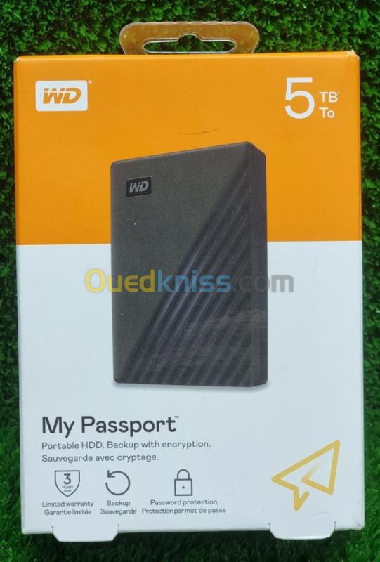 WD My Passport WDBPKJ0050BBK - Disque dur - chiffré - 5 To - externe  (portable) - USB 3.2 Gen 1 - 5400 tours/min - AES 256 bits - noir